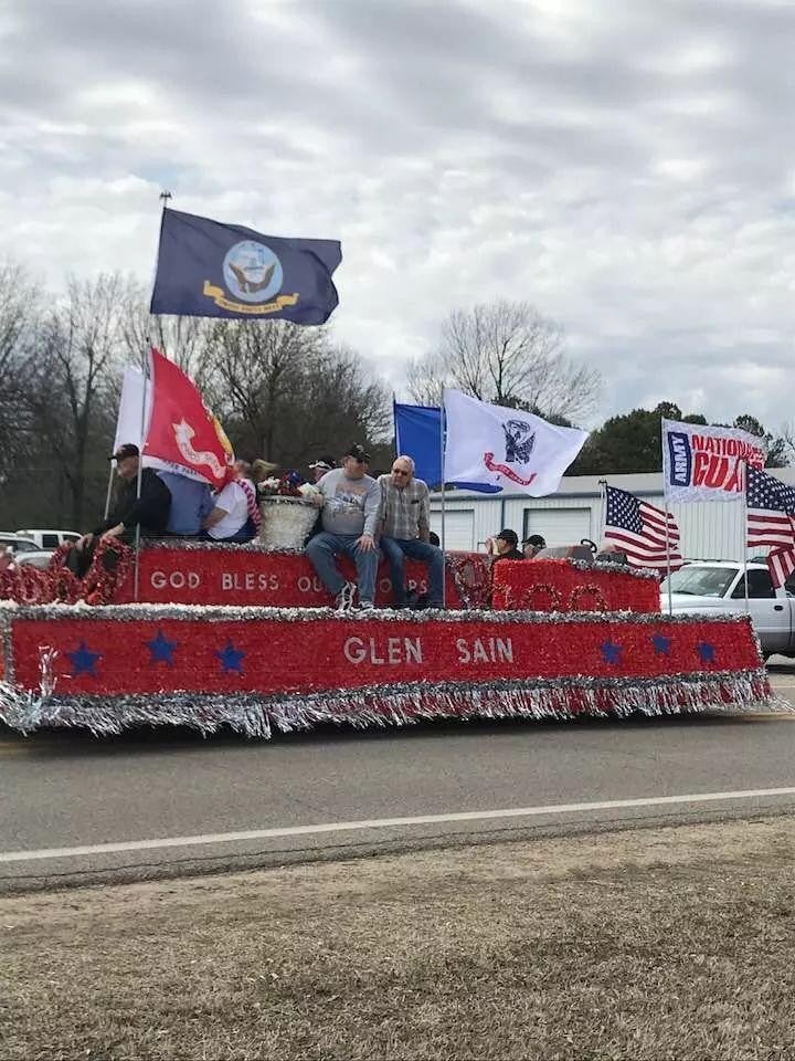 adorned with US military flags and stars